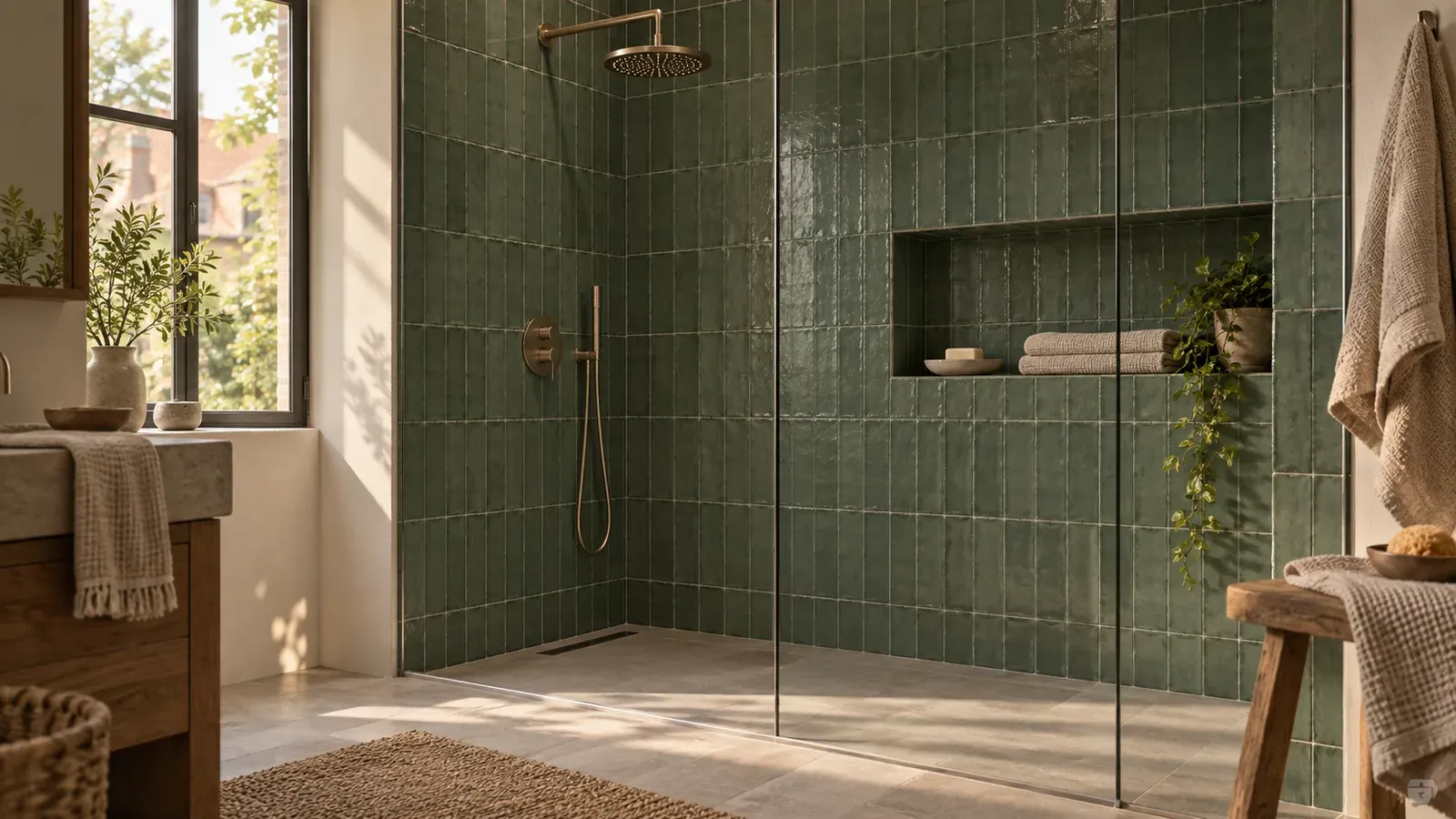 Douche à l’italienne, carrelage clair