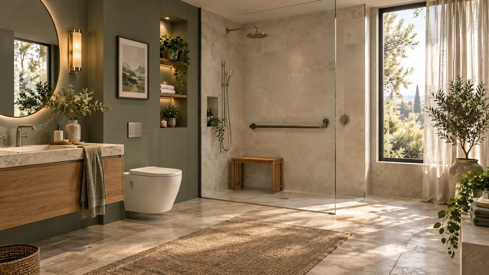 Douche de plain-pied avec banc en bois et barre d’appui